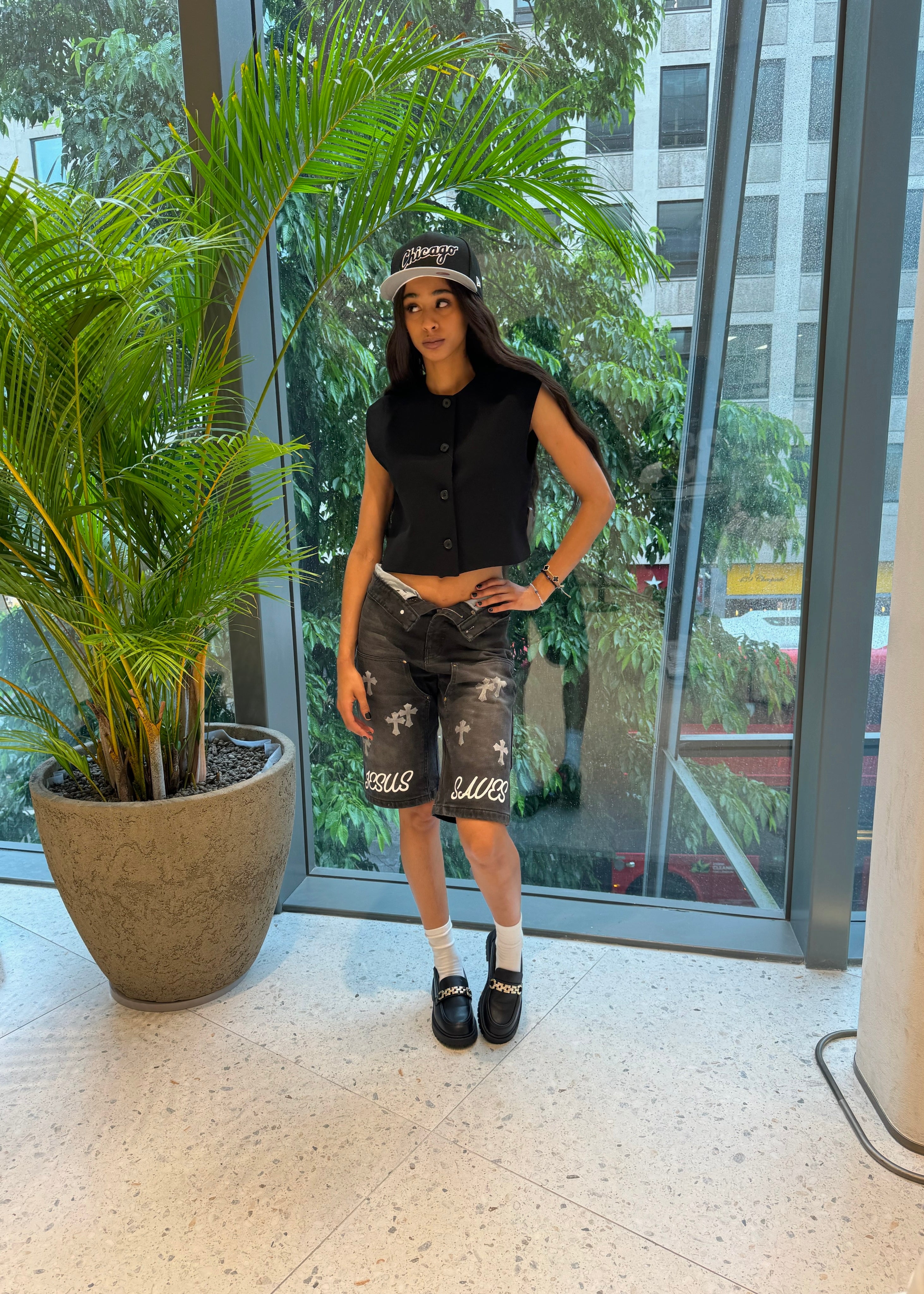 “JESUS SAVES” Denim Carpenter Jorts - Faded Black