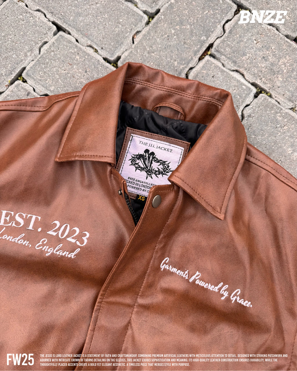 “Jesus Is Lord” (J.I.L) Vegan Leather Jacket in Cocoa Brown. (Only 100 made.)