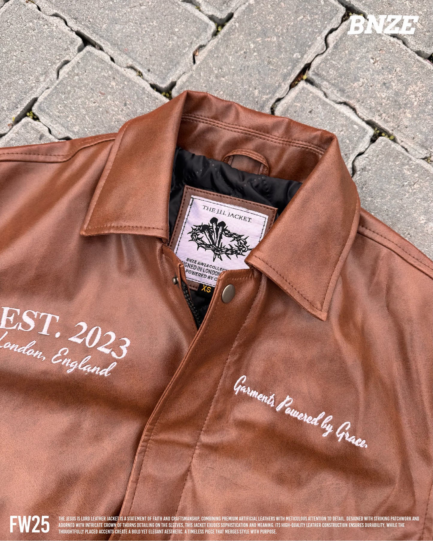 “Jesus Is Lord” (J.I.L) Vegan Leather Jacket in Cocoa Brown.