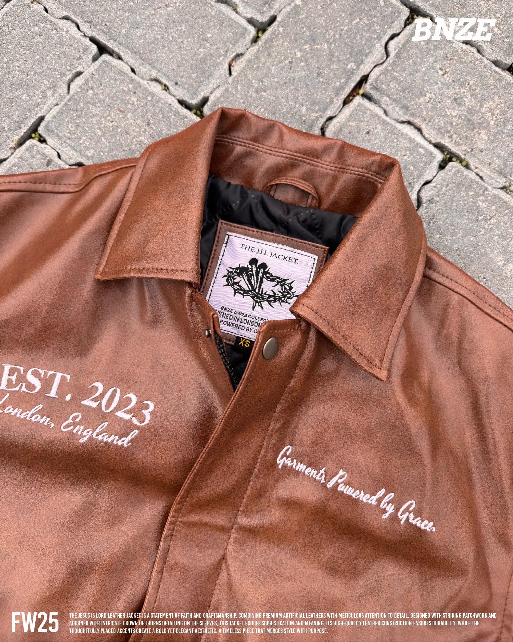 “Jesus Is Lord” (J.I.L) Vegan Leather Jacket in Cocoa Brown. (Only 100 made.)