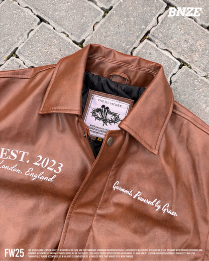 “Jesus Is Lord” (J.I.L) Vegan Leather Jacket in Cocoa Brown.