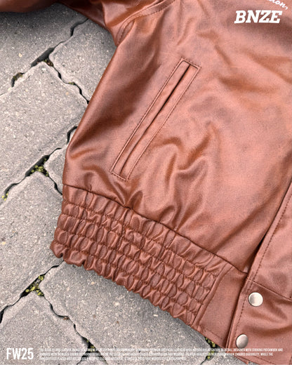 “Jesus Is Lord” (J.I.L) Vegan Leather Jacket in Cocoa Brown.