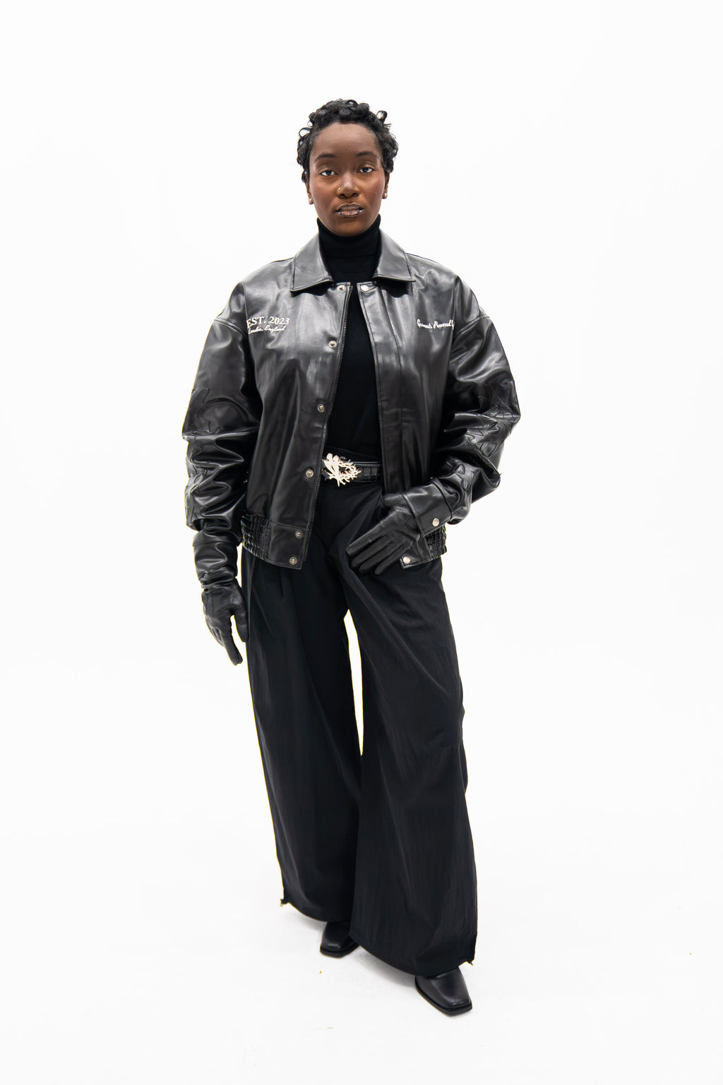 “Jesus Is Lord” (J.I.L) Vegan Leather Jacket in Jet Black.