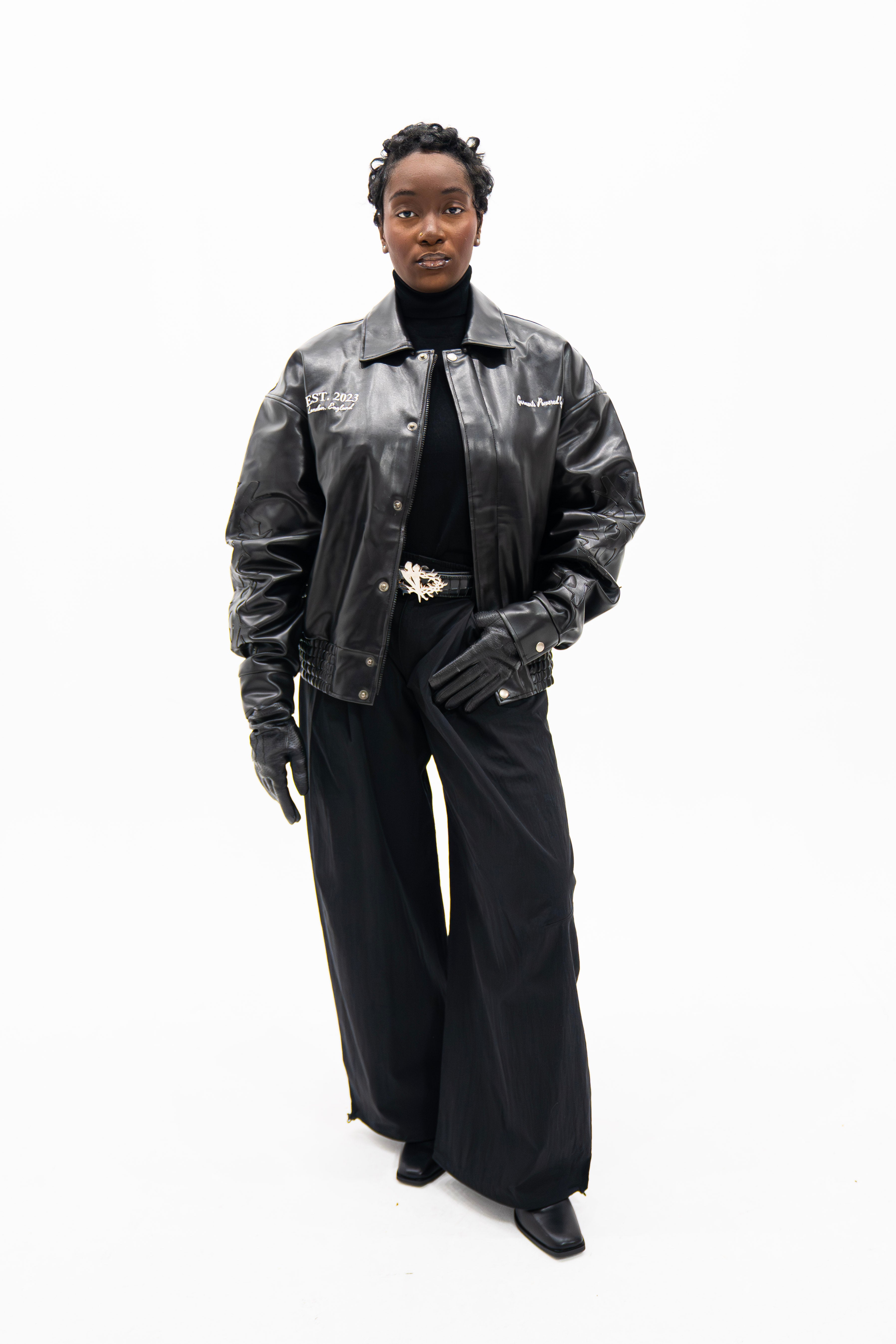 “Jesus Is Lord” (J.I.L) Vegan Leather Jacket in Jet Black.