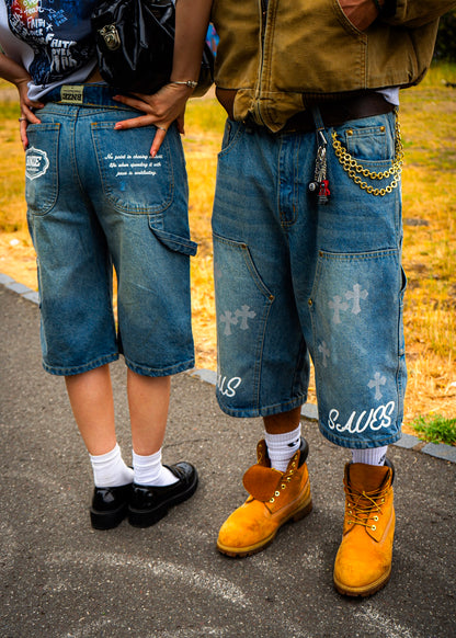 “JESUS SAVES” Denim Carpenter Jorts - Faded Blue