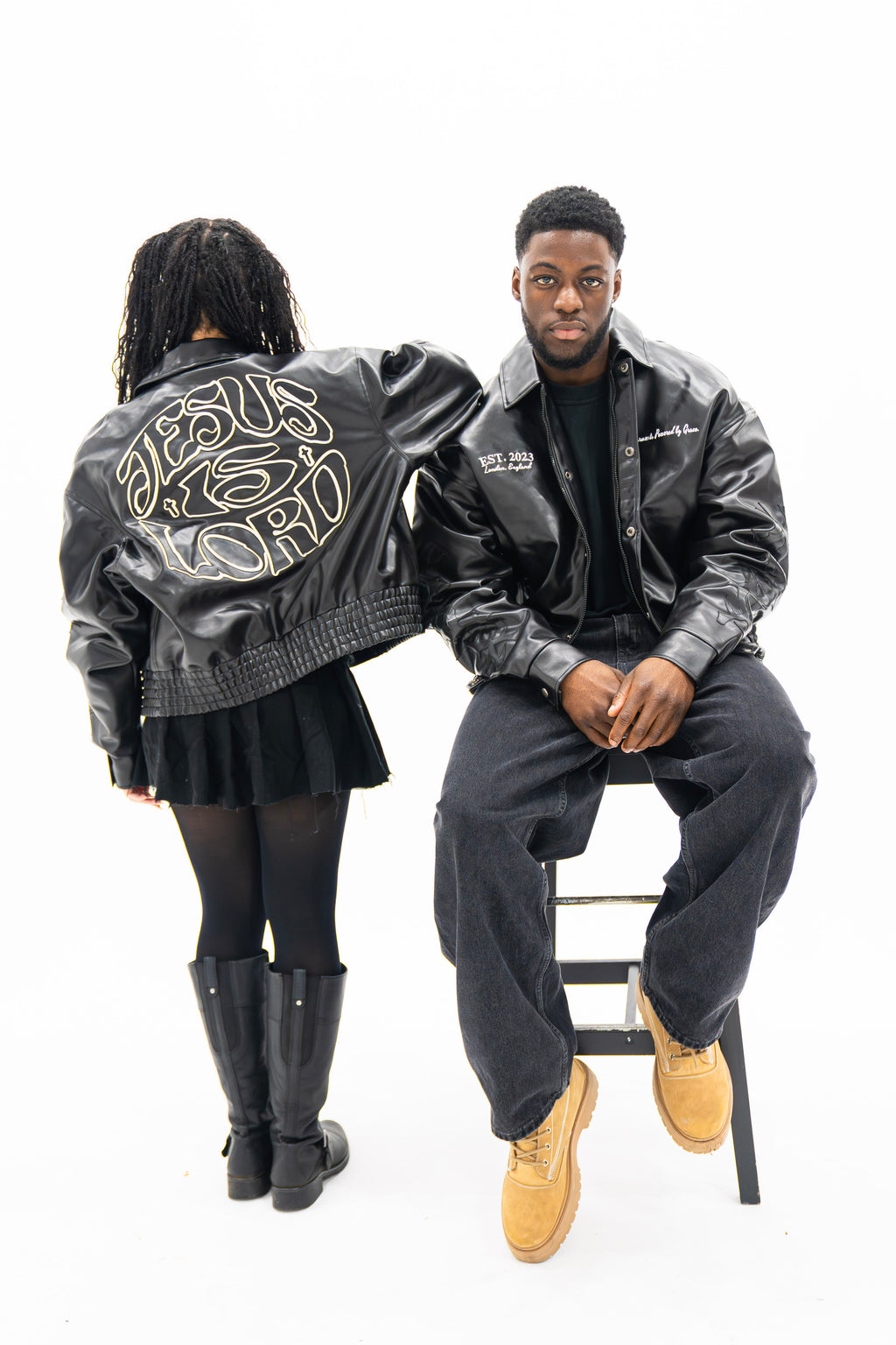 “Jesus Is Lord” (J.I.L) Vegan Leather Jacket in Jet Black.