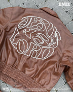 “Jesus Is Lord” (J.I.L) Vegan Leather Jacket in Cocoa Brown. (Only 100 made.)