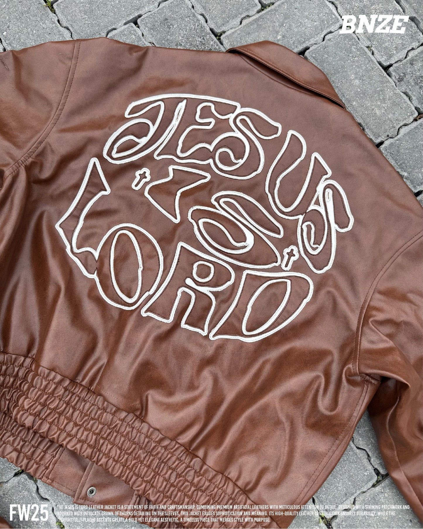 “Jesus Is Lord” (J.I.L) Vegan Leather Jacket in Cocoa Brown.