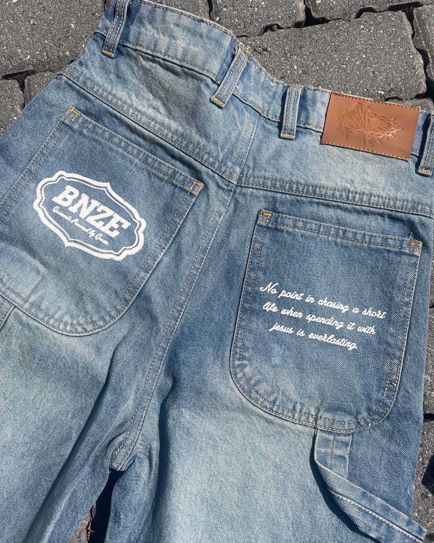 “JESUS SAVES” Denim Carpenter Jorts - Faded Blue