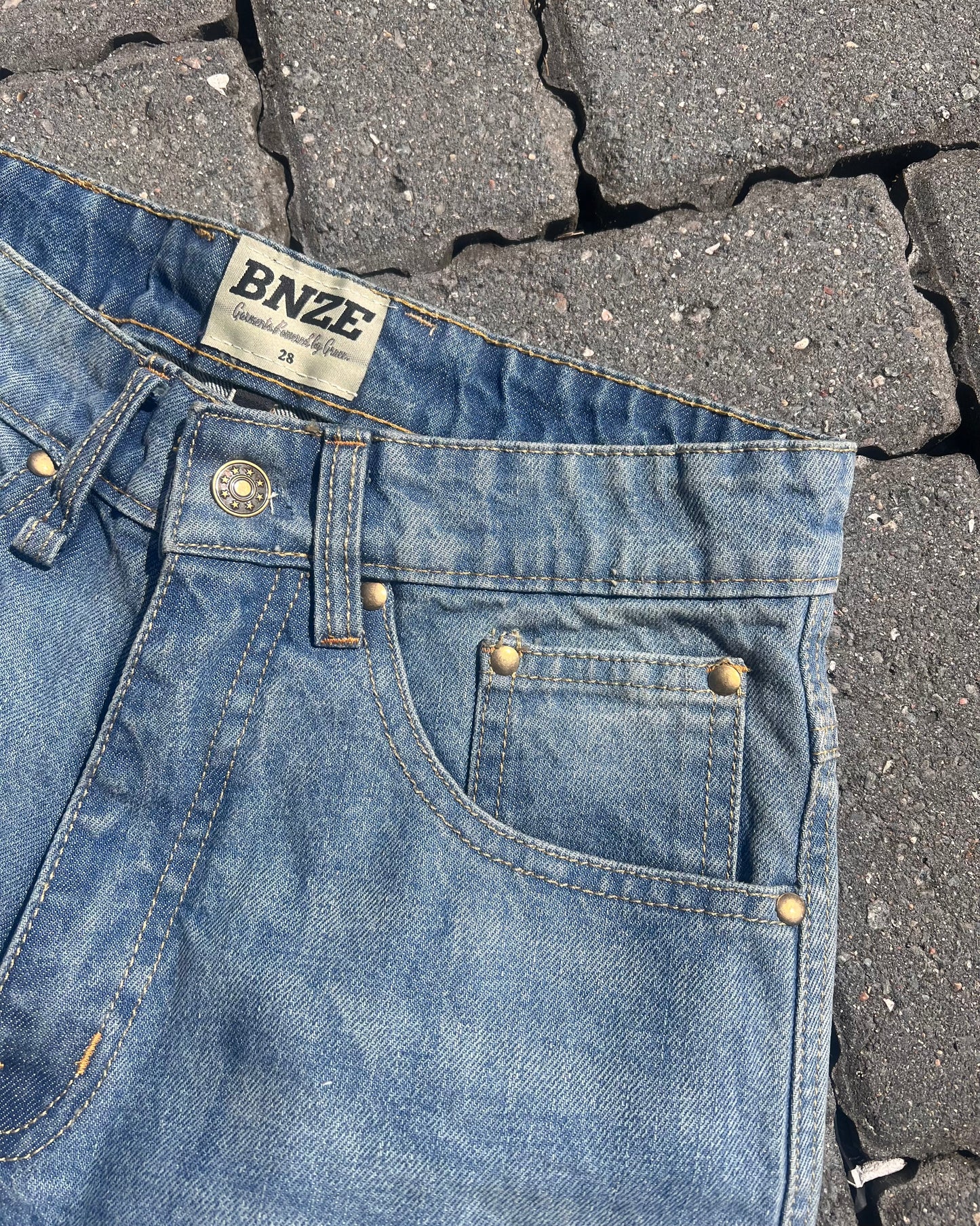 “JESUS SAVES” Denim Carpenter Jorts - Faded Blue