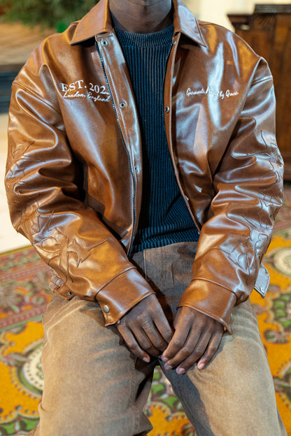 “Jesus Is Lord” (J.I.L) Vegan Leather Jacket in Cocoa Brown.