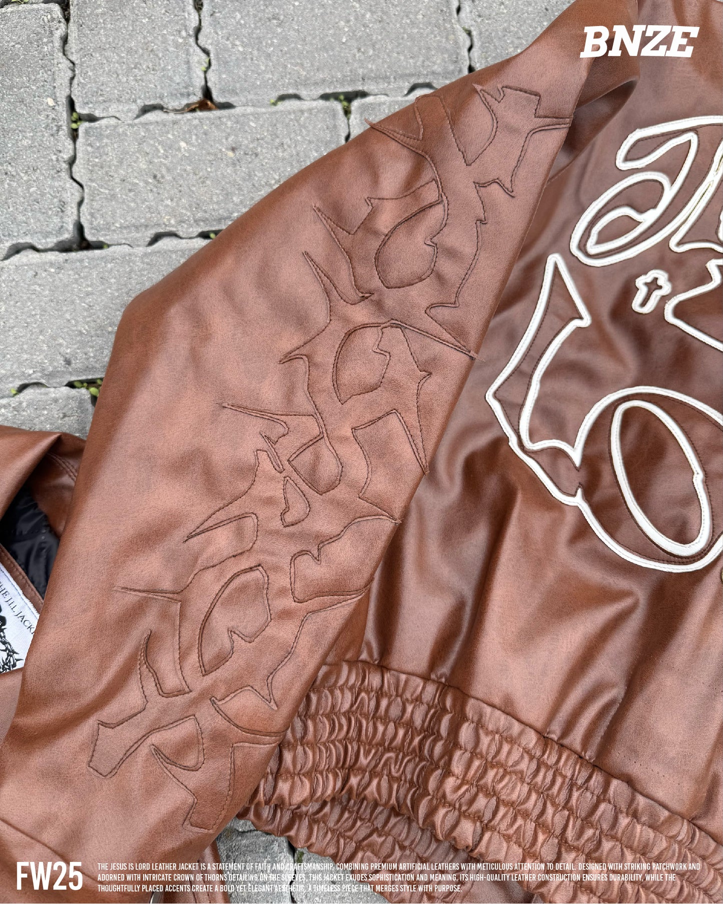 “Jesus Is Lord” (J.I.L) Vegan Leather Jacket in Cocoa Brown.