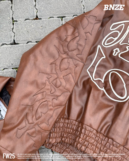 “Jesus Is Lord” (J.I.L) Vegan Leather Jacket in Cocoa Brown.