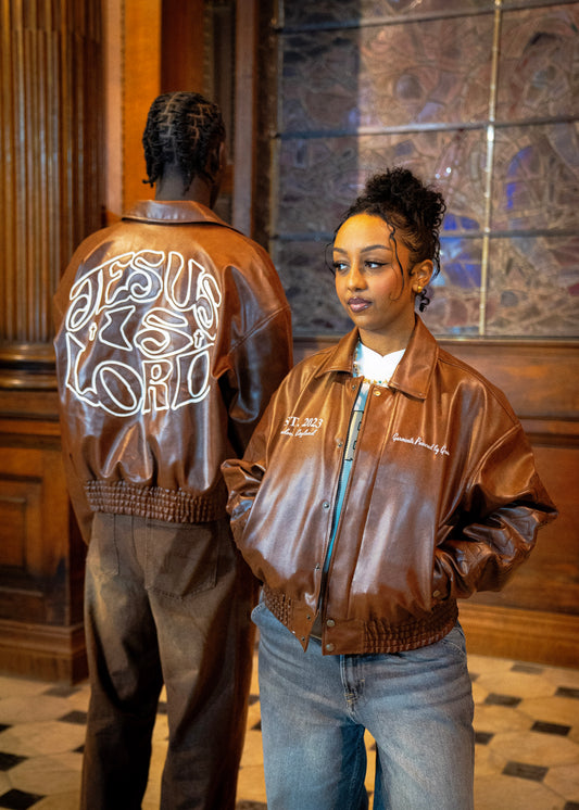 “Jesus Is Lord” (J.I.L) Vegan Leather Jacket in Cocoa Brown. (Only 100 made.)