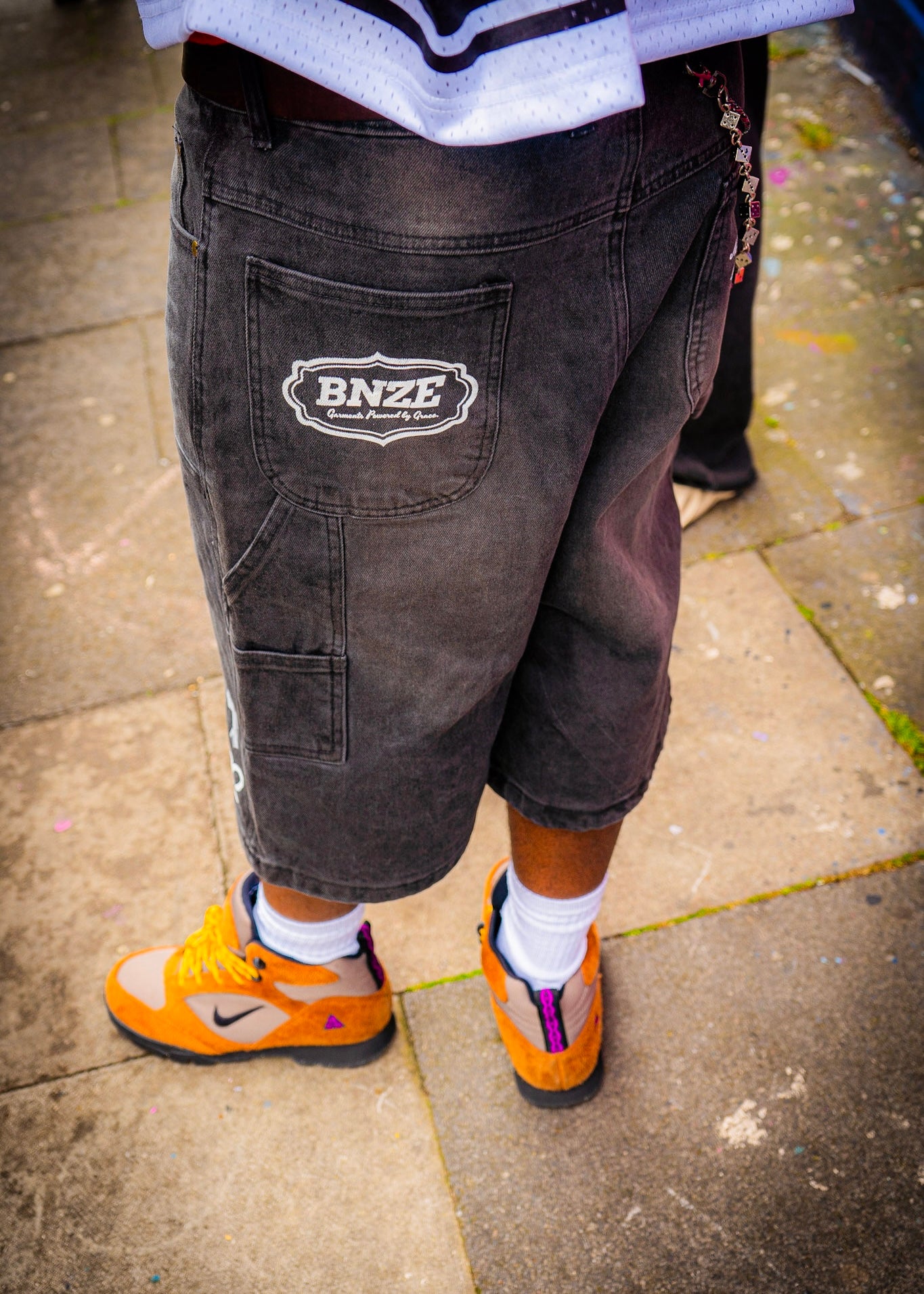 “JESUS SAVES” Denim Carpenter Jorts - Faded Black