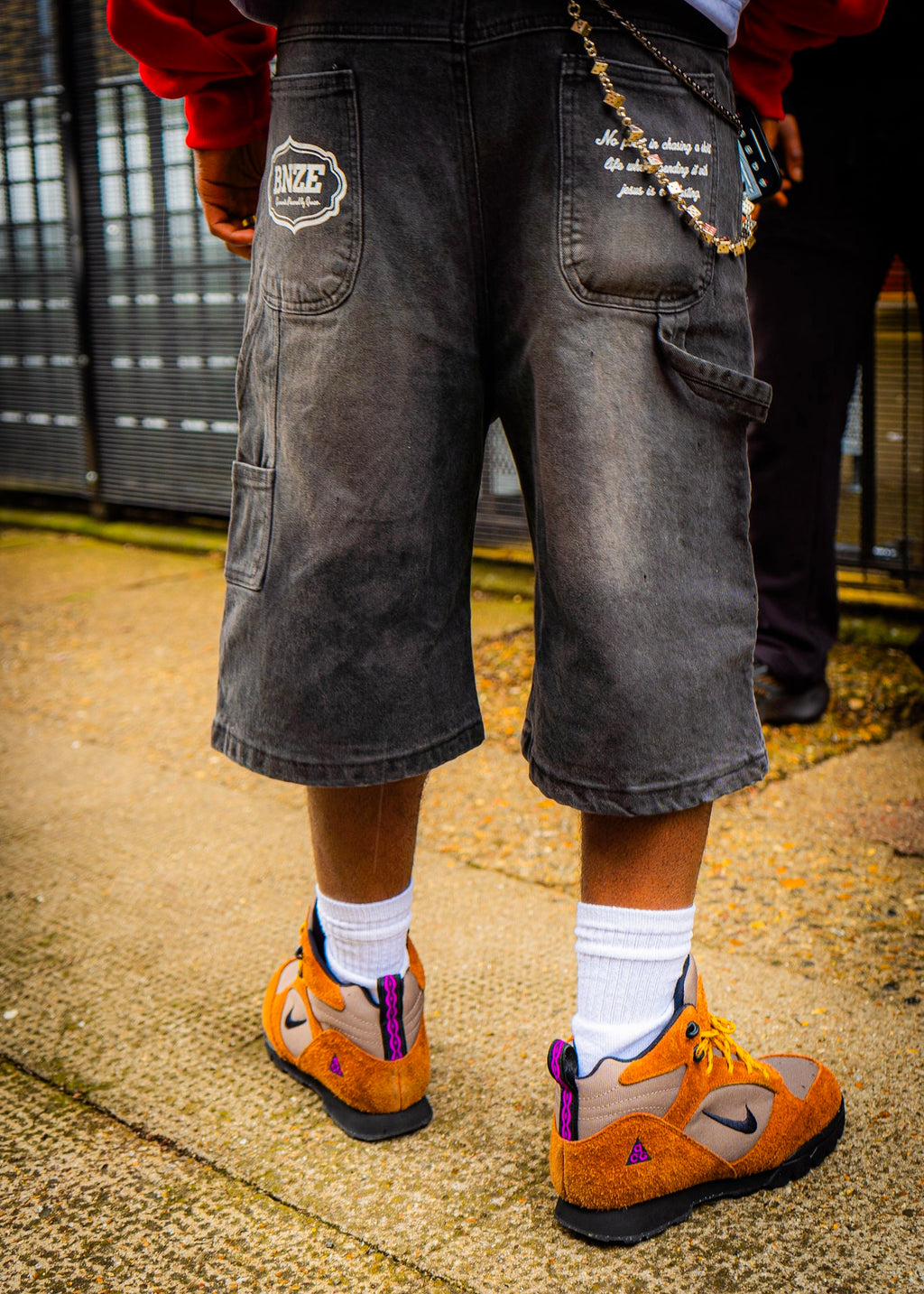 “JESUS SAVES” Denim Carpenter Jorts - Faded Black