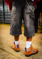 “JESUS SAVES” Denim Carpenter Jorts - Faded Black