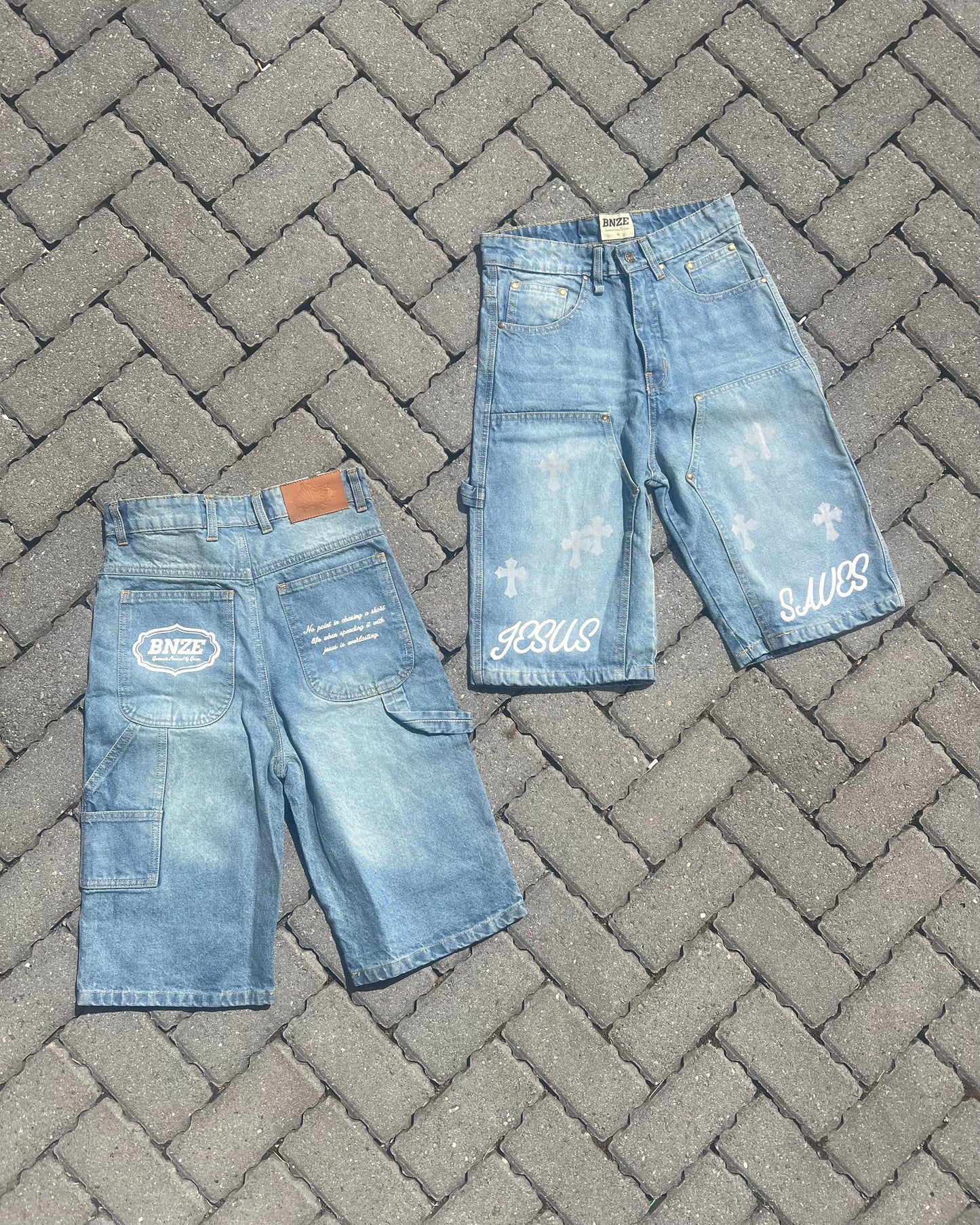 “JESUS SAVES” Denim Carpenter Jorts - Faded Blue