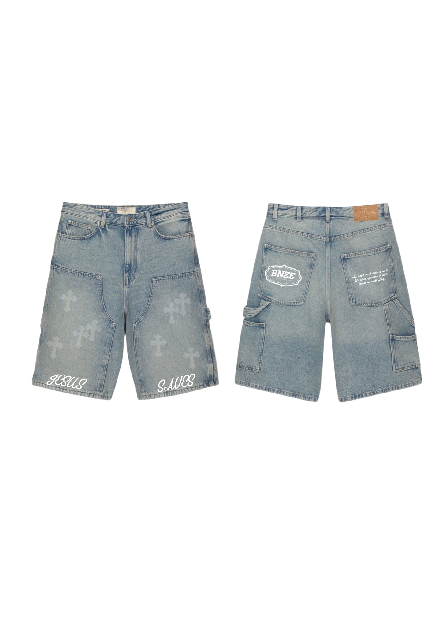 “JESUS SAVES” Denim Carpenter Jorts - Faded Blue