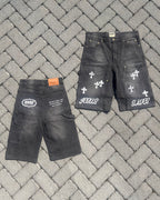 “JESUS SAVES” Denim Carpenter Jorts - Faded Black