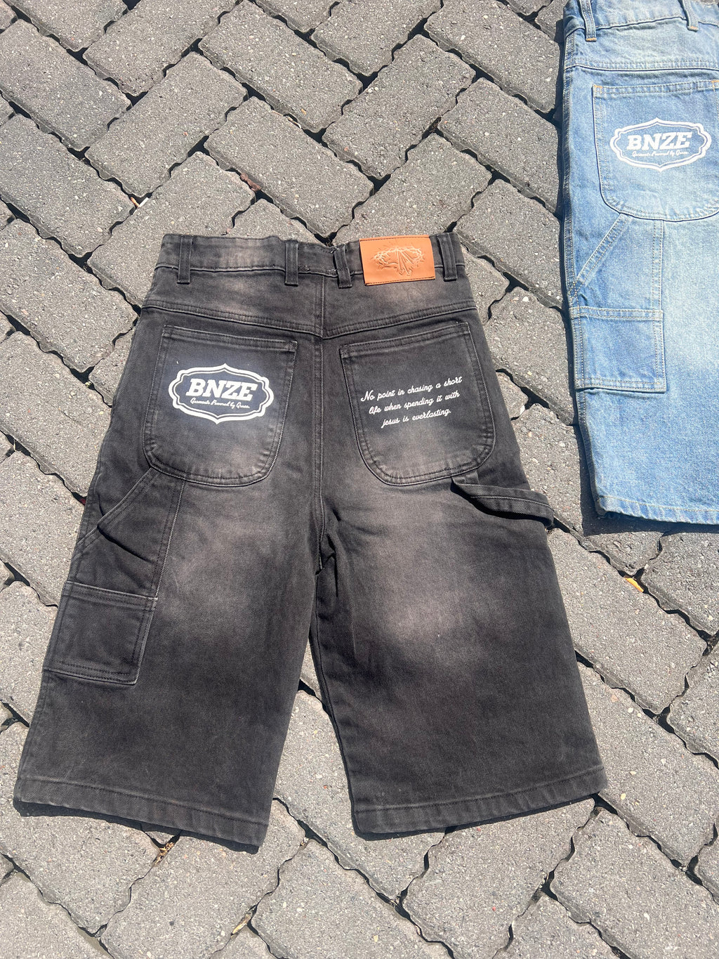 “JESUS SAVES” Denim Carpenter Jorts - Faded Black