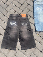 “JESUS SAVES” Denim Carpenter Jorts - Faded Black