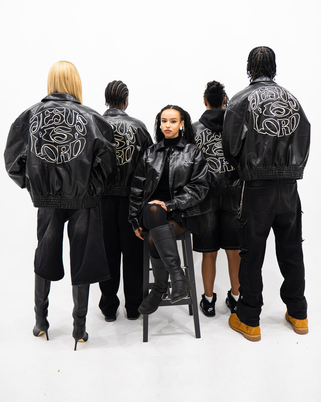 “Jesus Is Lord” (J.I.L) Vegan Leather Jacket in Jet Black.