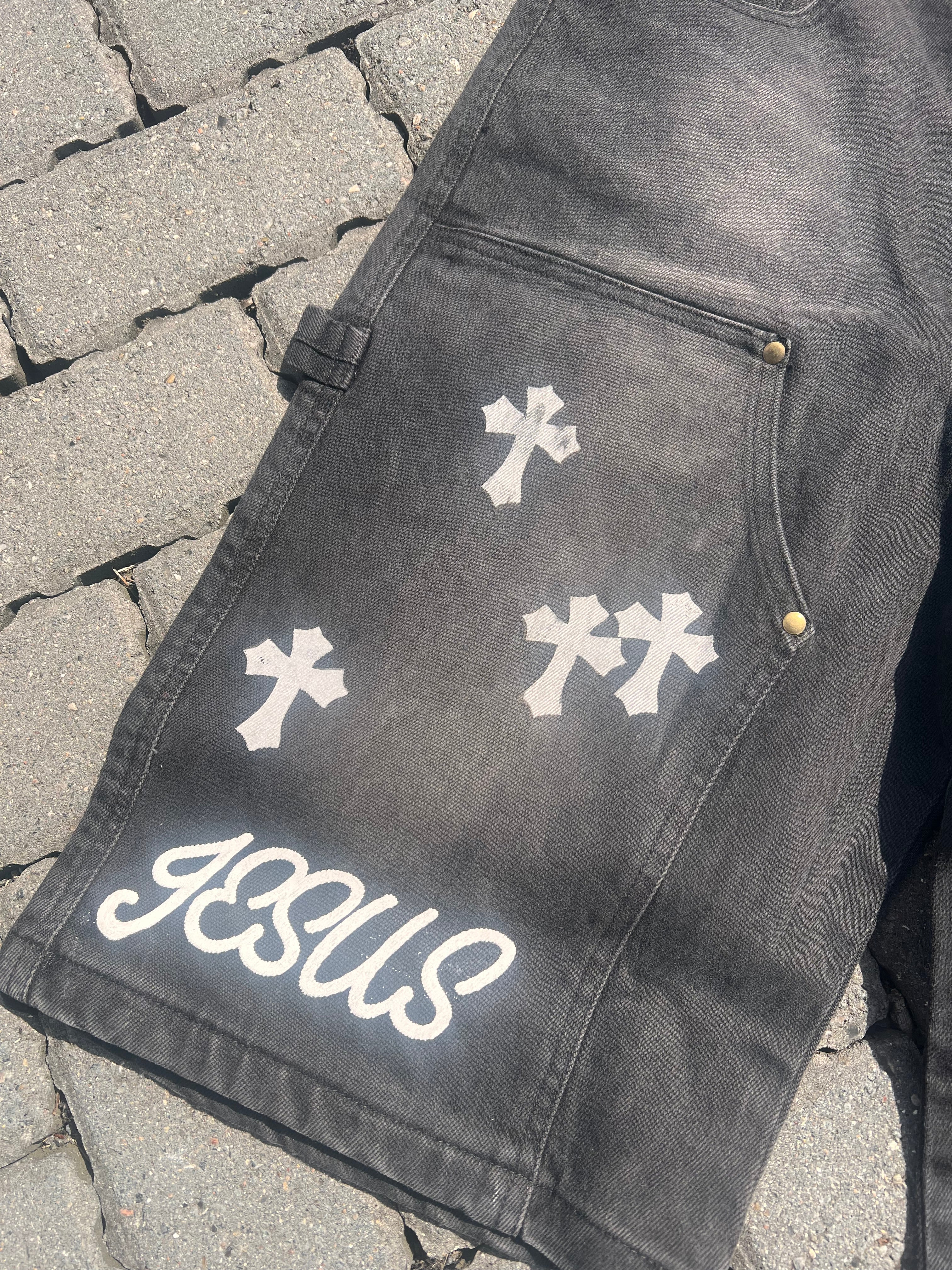 “JESUS SAVES” Denim Carpenter Jorts - Faded Black