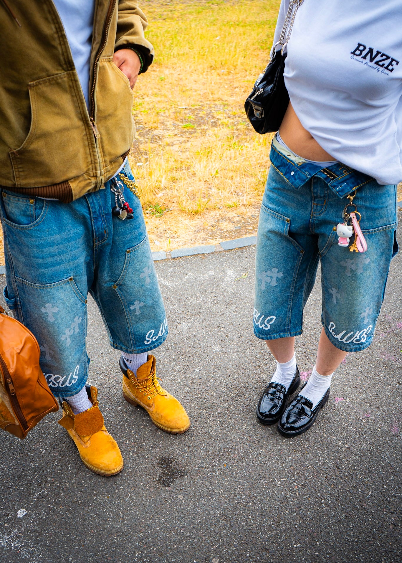 “JESUS SAVES” Denim Carpenter Jorts - Faded Blue