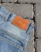 “JESUS SAVES” Denim Carpenter Jorts - Faded Blue
