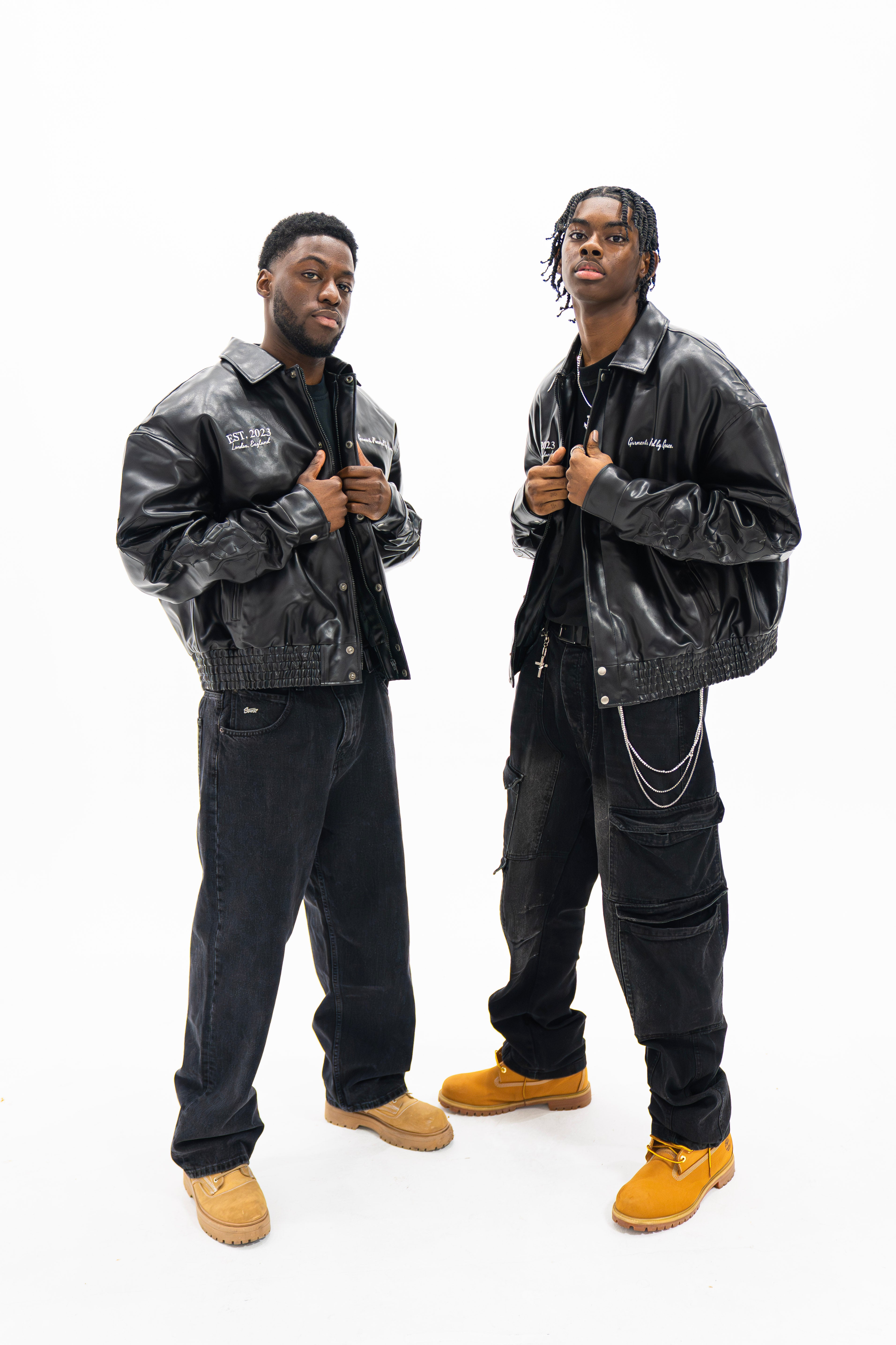 “Jesus Is Lord” (J.I.L) Vegan Leather Jacket in Jet Black.