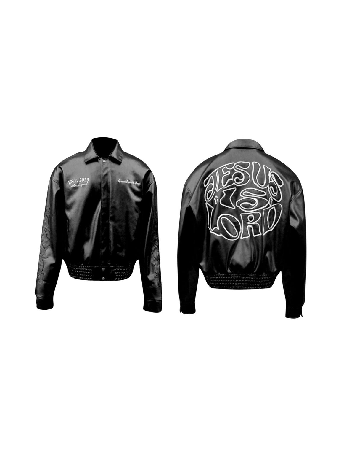 “Jesus Is Lord” (J.I.L) Vegan Leather Jacket in Jet Black.