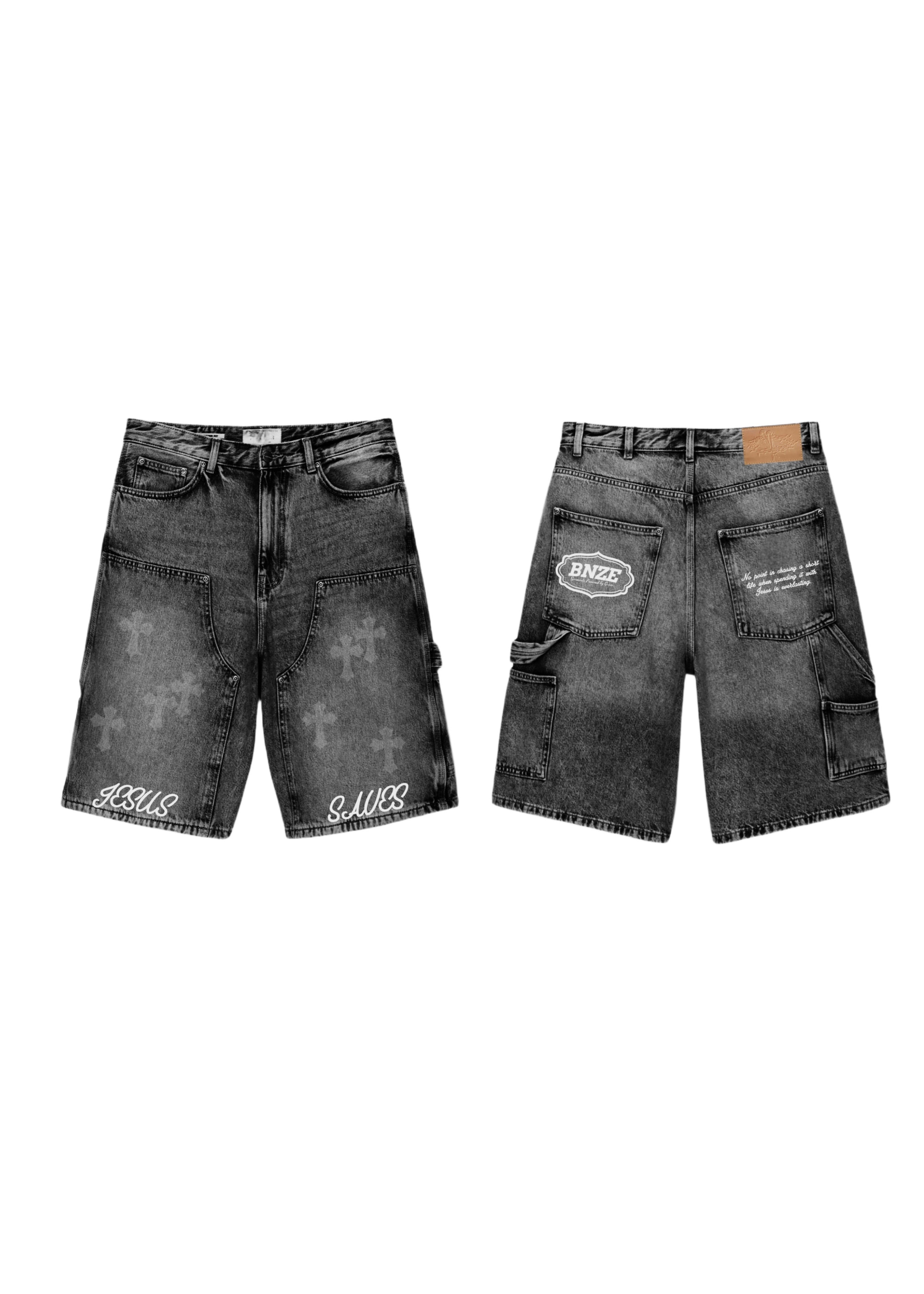 “JESUS SAVES” Denim Carpenter Jorts - Faded Black